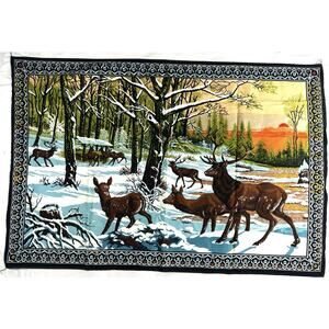 Vintage RTC Turkish Velvet Tapestry 59x39 Deer Winter Forest Sunset Wall Hanging